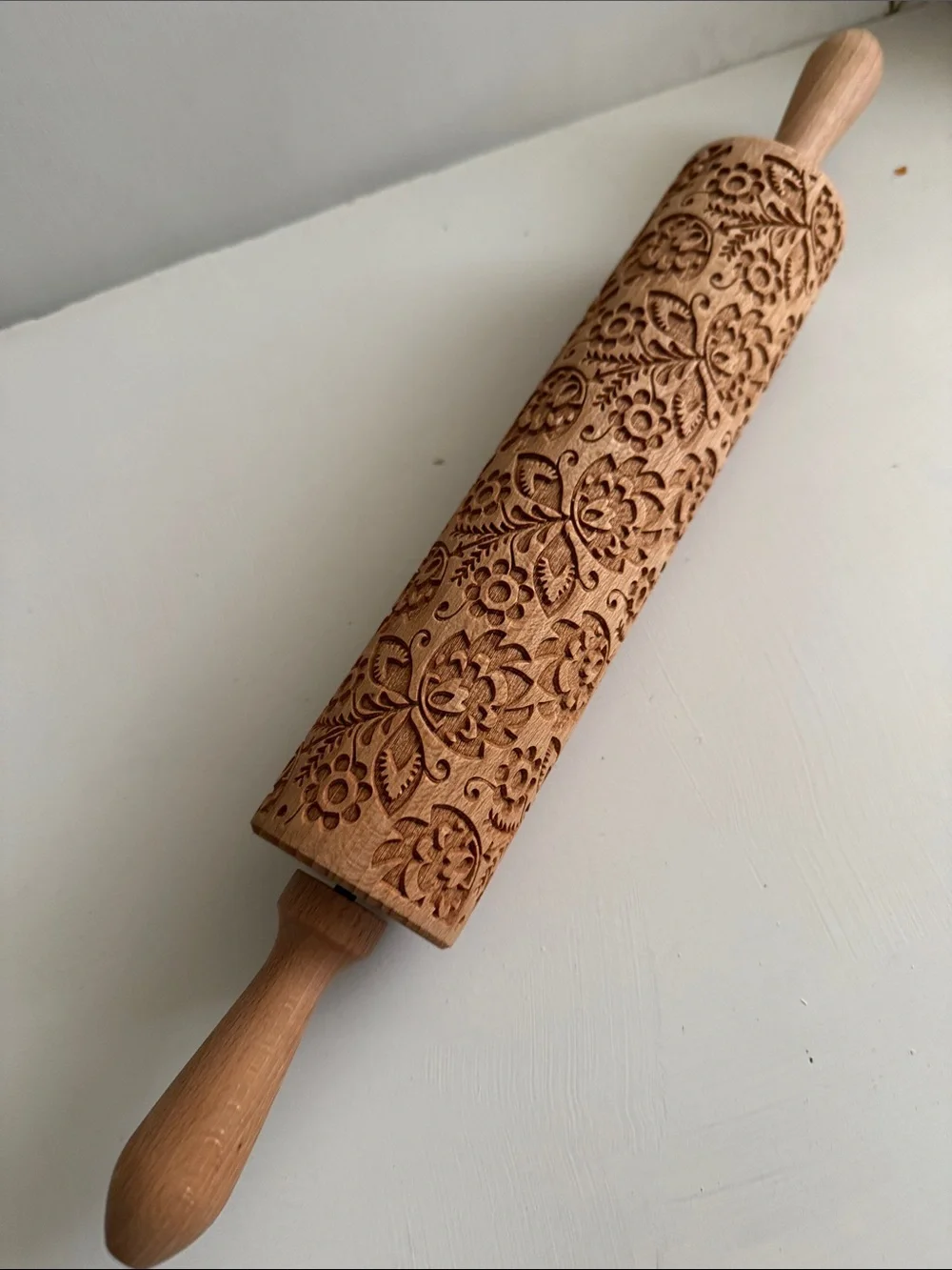 Folk Floral Rolling Pin, Large, 43 cm, Rolling Pin, Embossing Pattern Beetchwood